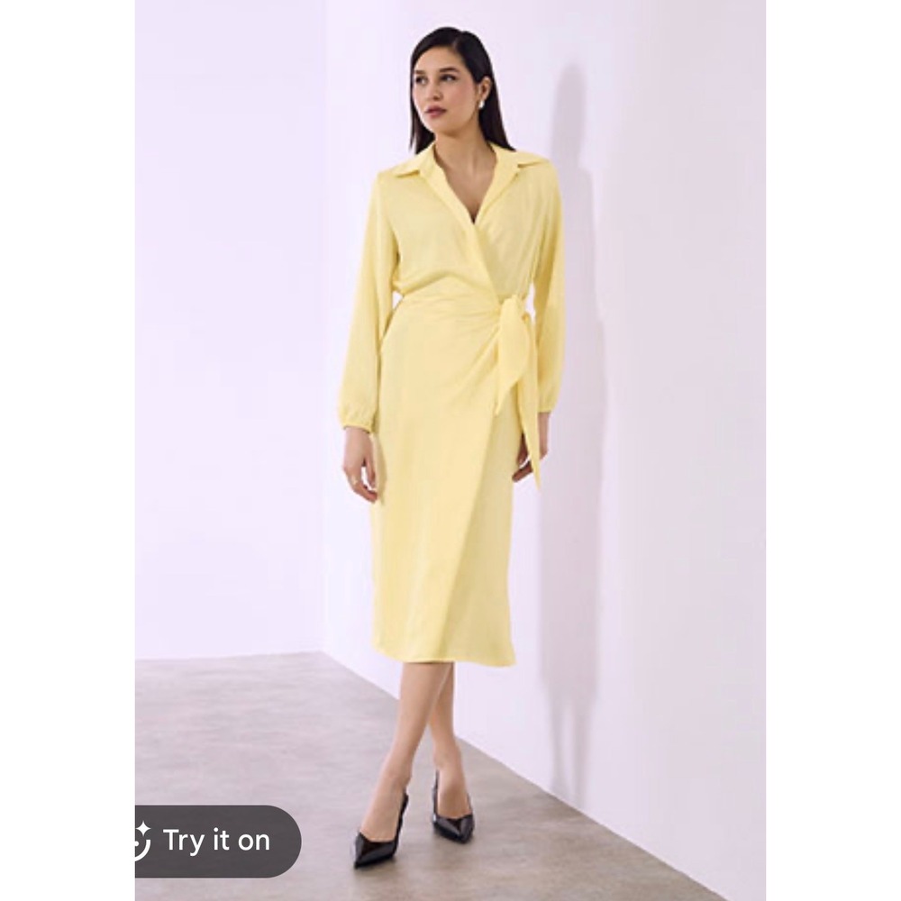 NWT Magaschoni Yellow 100% Linen Wrap Midi Dress Long Sleeve Collared Size 10